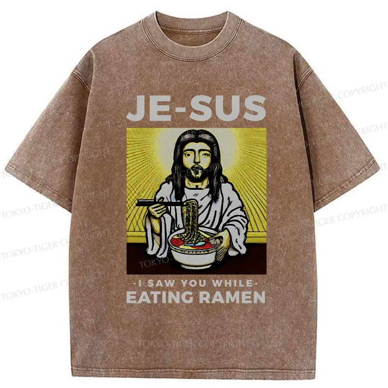 Tokyo-Tiger Jesus Eating Ramen Washed T-Shirt