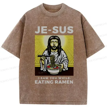 Tokyo-Tiger Jesus Eating Ramen Washed T-Shirt