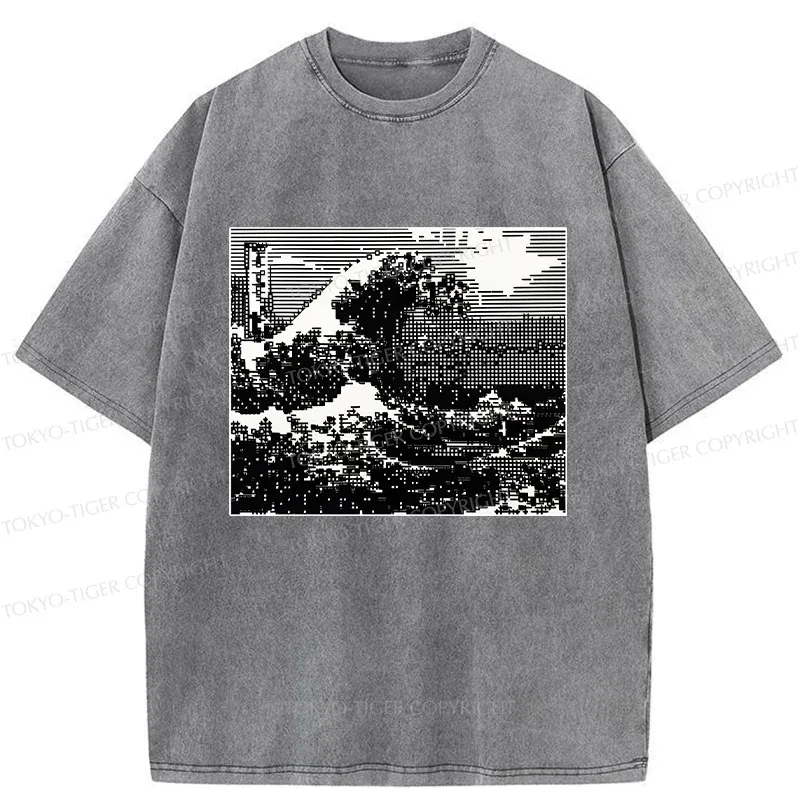 Tokyo-Tiger Black And White Ukiyoe Wave Washed T-Shirt