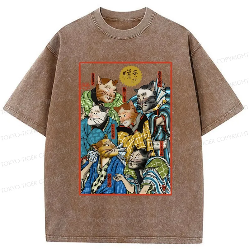 Tokyo-Tiger Japanese Ukiyo-e Cats Washed T-Shirt