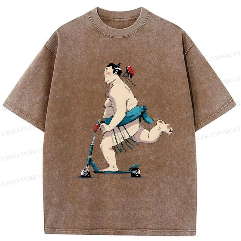 Tokyo-Tiger Sumo On A Scooter Washed T-Shirt