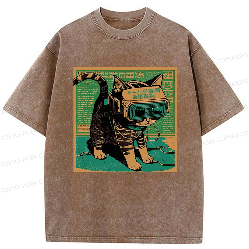 Tokyo-Tiger Cyberpunk Sci-Fi Cat Washed T-Shirt