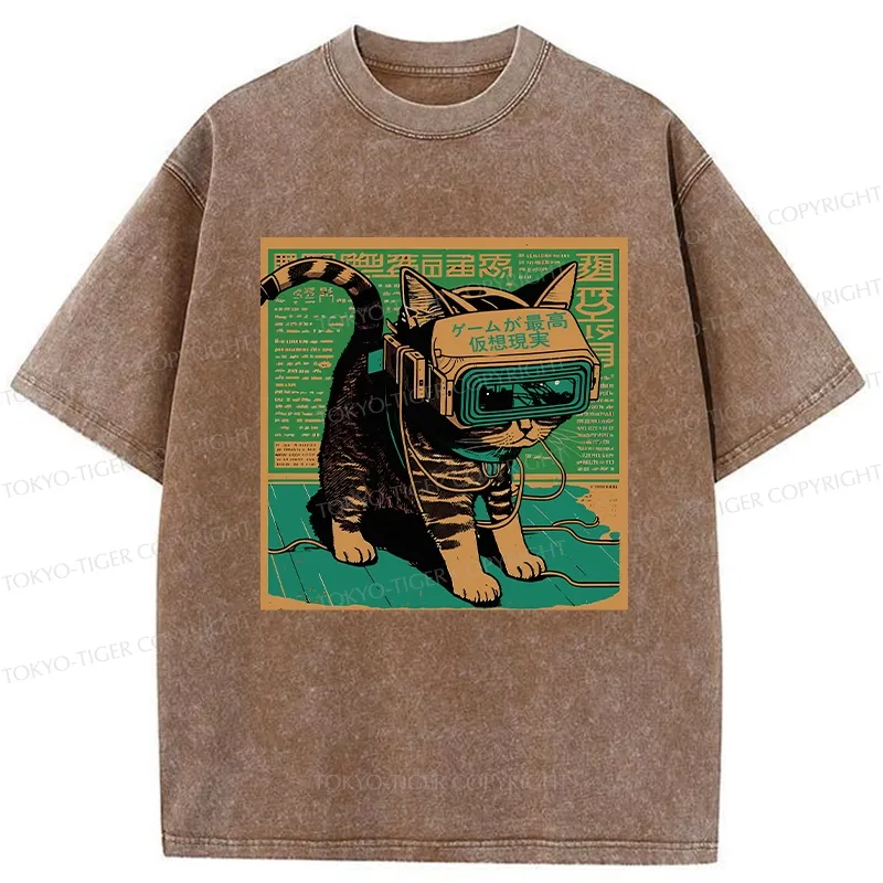 Tokyo-Tiger Cyberpunk Sci-Fi Cat Washed T-Shirt