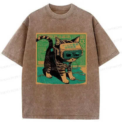 Tokyo-Tiger Cyberpunk Sci-Fi Cat Washed T-Shirt