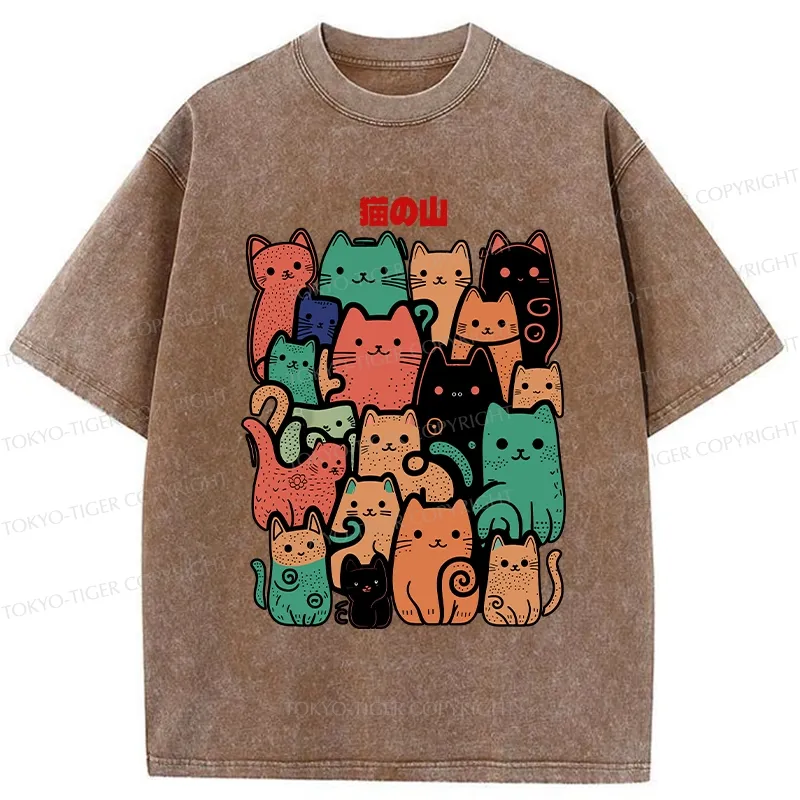 Tokyo-Tiger Funny Cat Mountain Washed T-Shirt