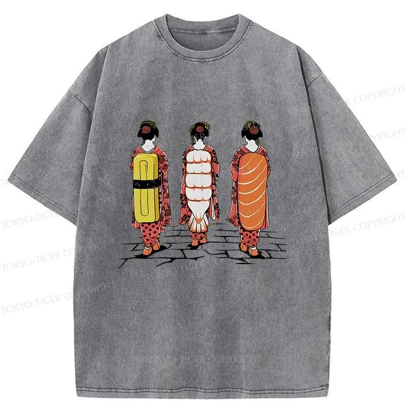 Tokyo-Tiger Sushi Japanese Girl Washed T-Shirt