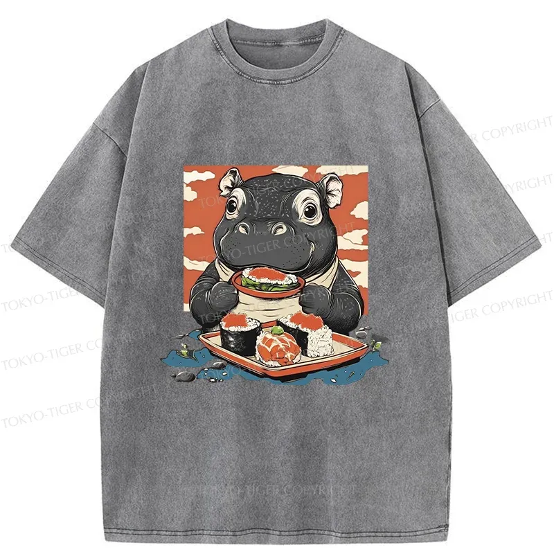 Tokyo-Tiger Moo Deng Eat Sushi Washed T-Shirt