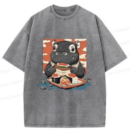 Tokyo-Tiger Moo Deng Eat Sushi Washed T-Shirt