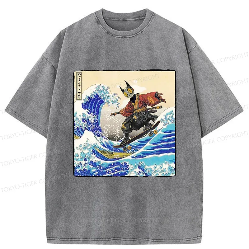 Tokyo-Tiger Surfing Machine Cat Washed T-Shirt