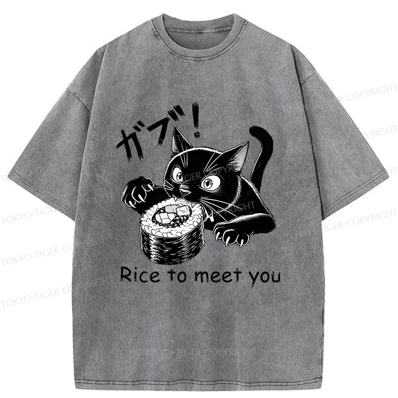 Tokyo-Tiger Fierce Cat Eating Sushi Washed T-Shirt