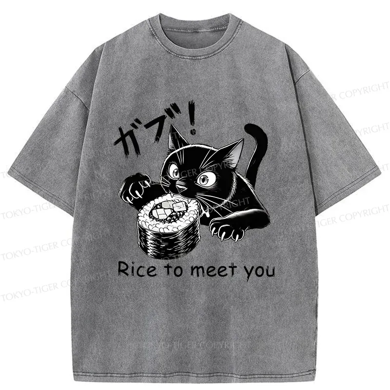 Tokyo-Tiger Fierce Cat Eating Sushi Washed T-Shirt
