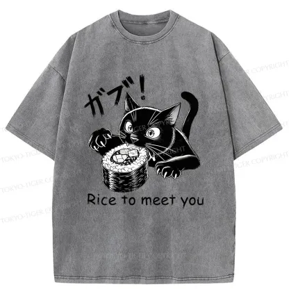 Tokyo-Tiger Fierce Cat Eating Sushi Washed T-Shirt