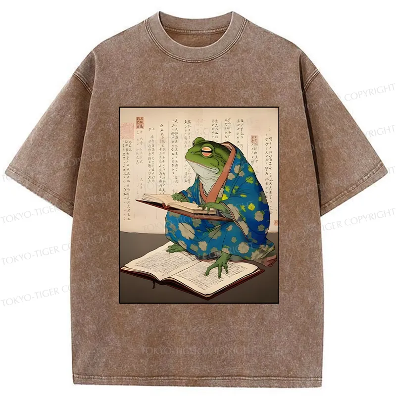 Tokyo-Tiger Frog Reading Japanese Washed T-Shirt
