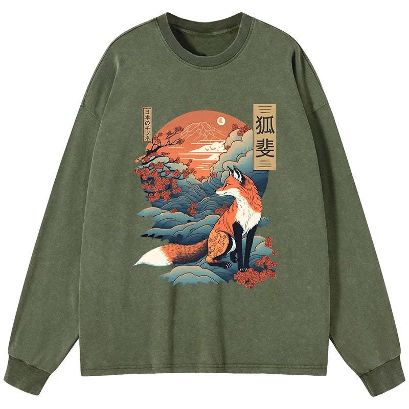 Tokyo-Tiger Japanese Kitsune Fox Sakura Washed Long Sleeve T-Shirt