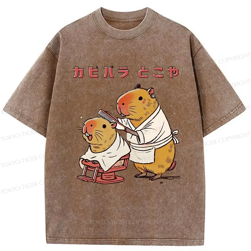 Tokyo-Tiger Funny Capybara Barber Washed T-Shirt Sale
