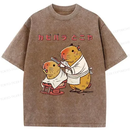 Tokyo-Tiger Funny Capybara Barber Washed T-Shirt