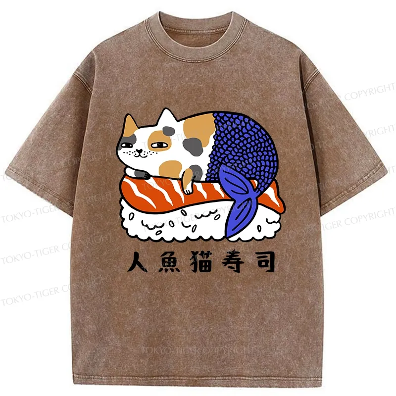 Tokyo-Tiger Mermaid Cat Sushi Washed T-Shirt