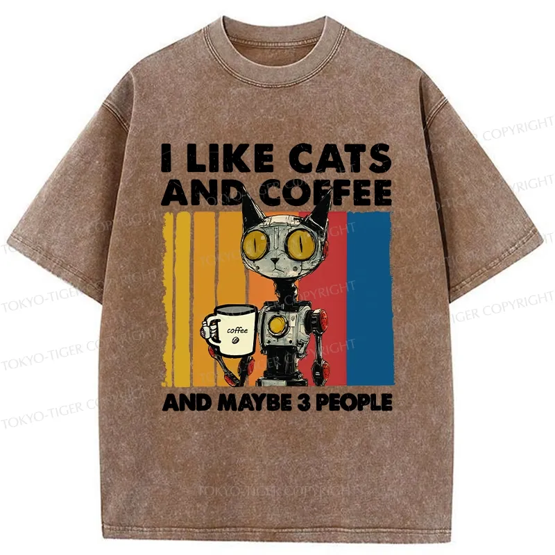 Tokyo-Tiger I Like Robot Cats And Coffee Washed T-Shirt