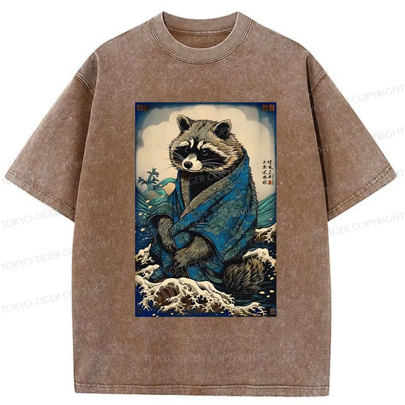 Tokyo-Tiger Raccoon And Waves Washed T-Shirt