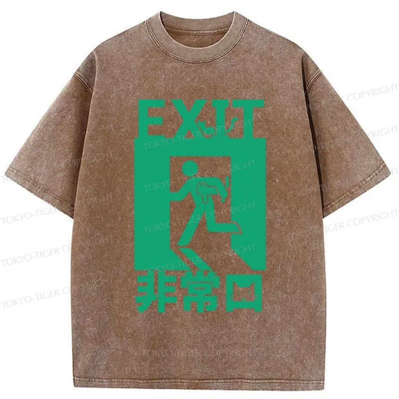 Tokyo-Tiger Funny Cat Exit Washed T-Shirt