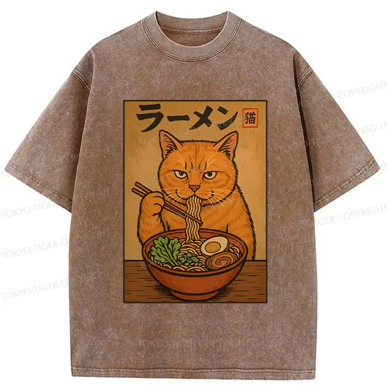 Tokyo-Tiger Ramen Obsessed Cute Cat Washed T-Shirt