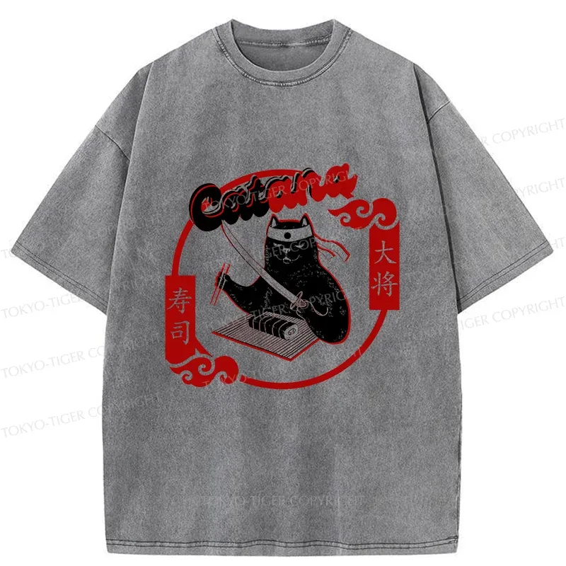 Tokyo-Tiger Cat Sushi Chef Washed T-Shirt