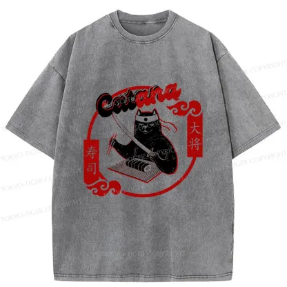 Tokyo-Tiger Cat Sushi Chef Washed T-Shirt