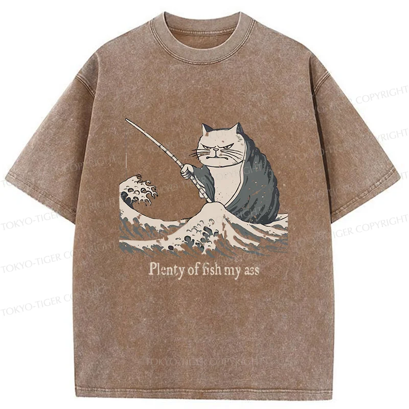 Tokyo-Tiger Kitten Fishing Funny Washed T-Shirt