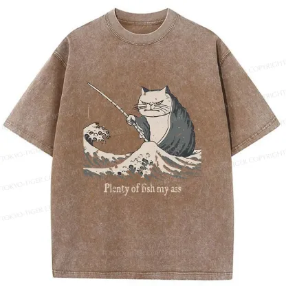 Tokyo-Tiger Kitten Fishing Funny Washed T-Shirt