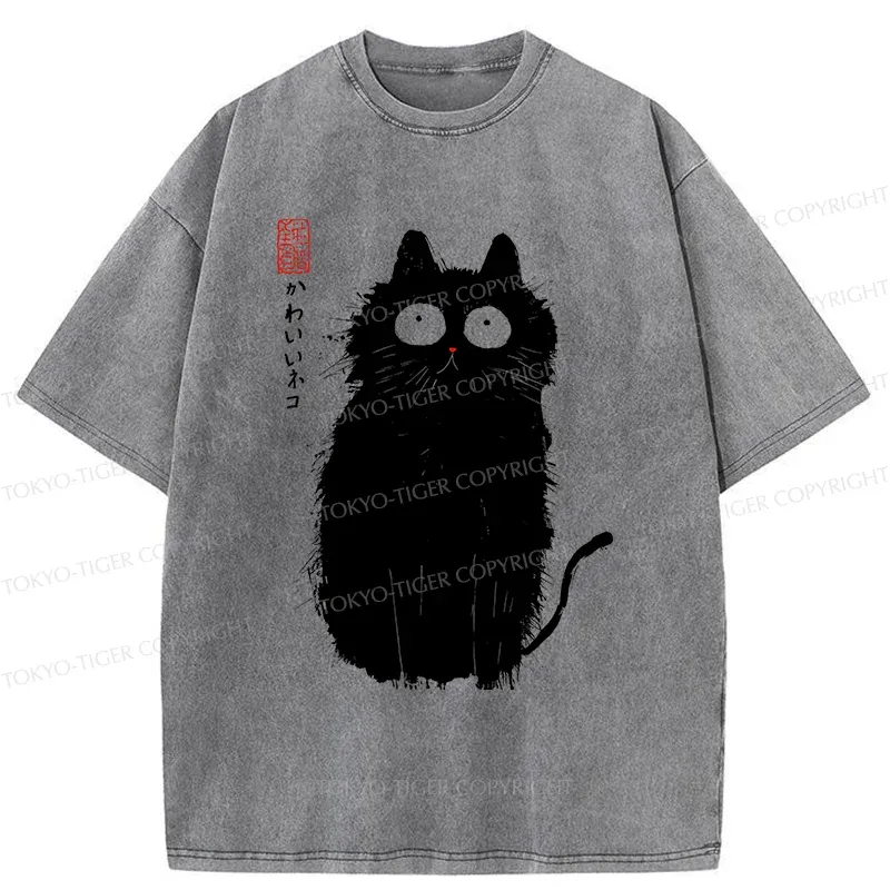 Tokyo-Tiger Black Cat With Puffed-up Fur Washed T-Shirt
