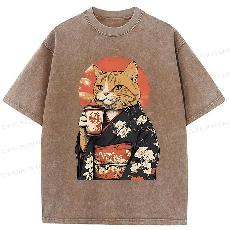 Tokyo-Tiger Cat Drinking Coffee Washed T-Shirt