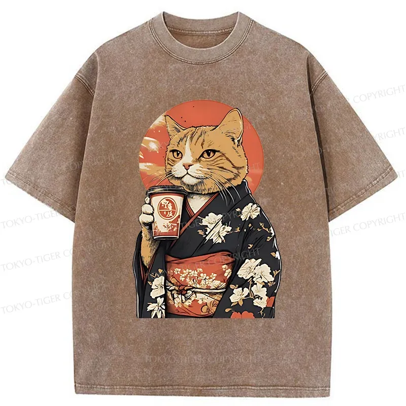 Tokyo-Tiger Cat Drinking Coffee Washed T-Shirt