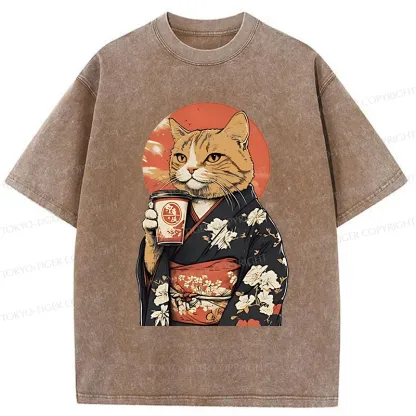 Tokyo-Tiger Cat Drinking Coffee Washed T-Shirt