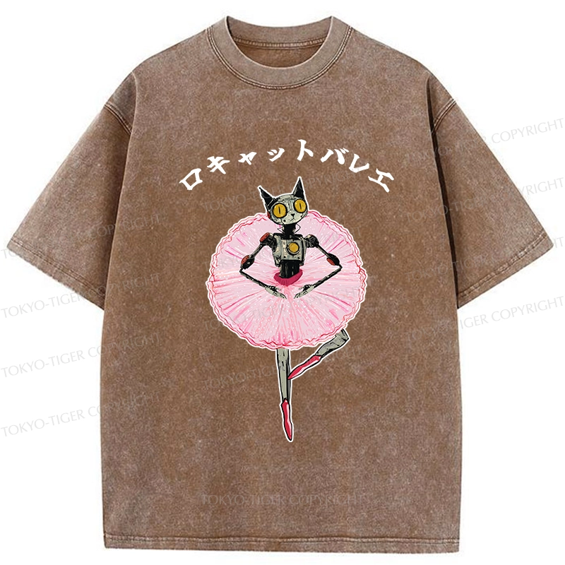 Tokyo-Tiger Ballet Dancing Robot Cat Washed T-Shirt
