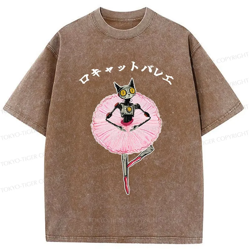 Tokyo-Tiger Ballet Dancing Robot Cat Washed T-Shirt Sale