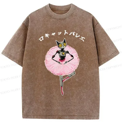 Tokyo-Tiger Ballet Dancing Robot Cat Washed T-Shirt