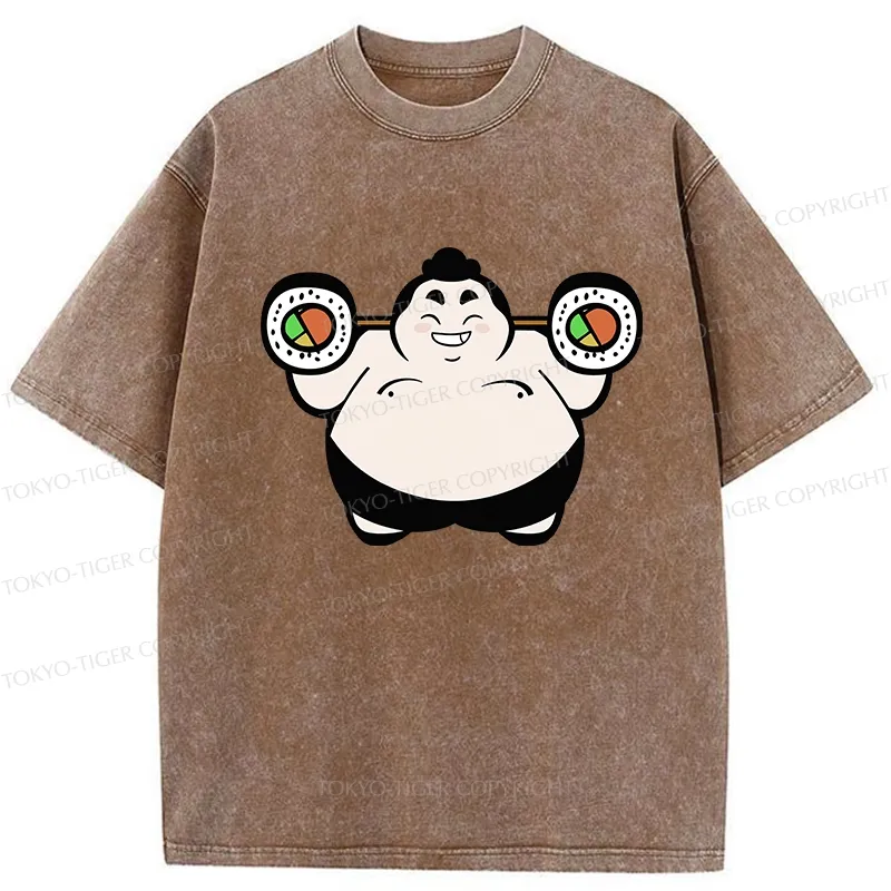 Tokyo-Tiger Funny Sumo Wrestler Lifting Sushi Barbell Washed T-Shirt