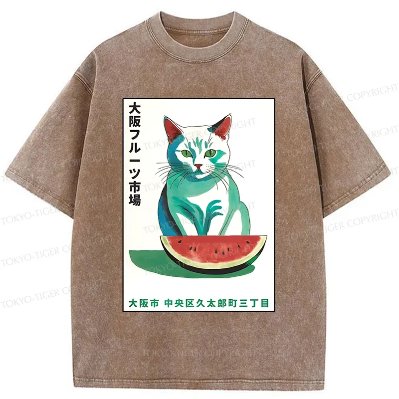 Tokyo-Tiger Cat And Watermelon Washed T-Shirt