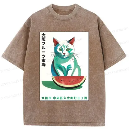 Tokyo-Tiger Cat And Watermelon Washed T-Shirt