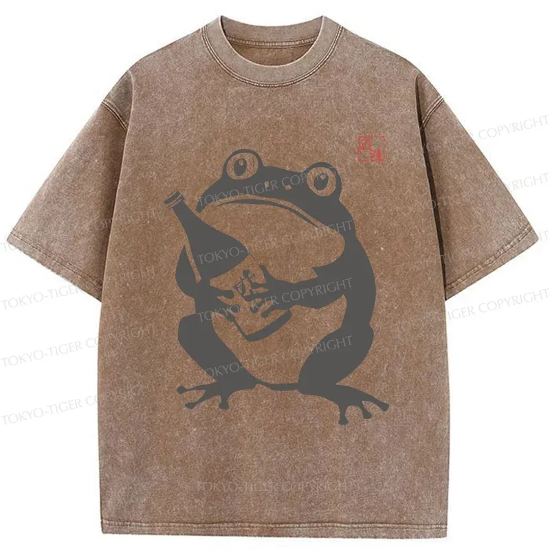 Tokyo-Tiger Retro Frog Holding Wine Washed T-Shirt