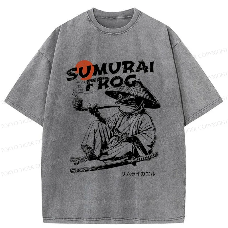 Tokyo-Tiger Samurai Frog Funny Washed T-Shirt