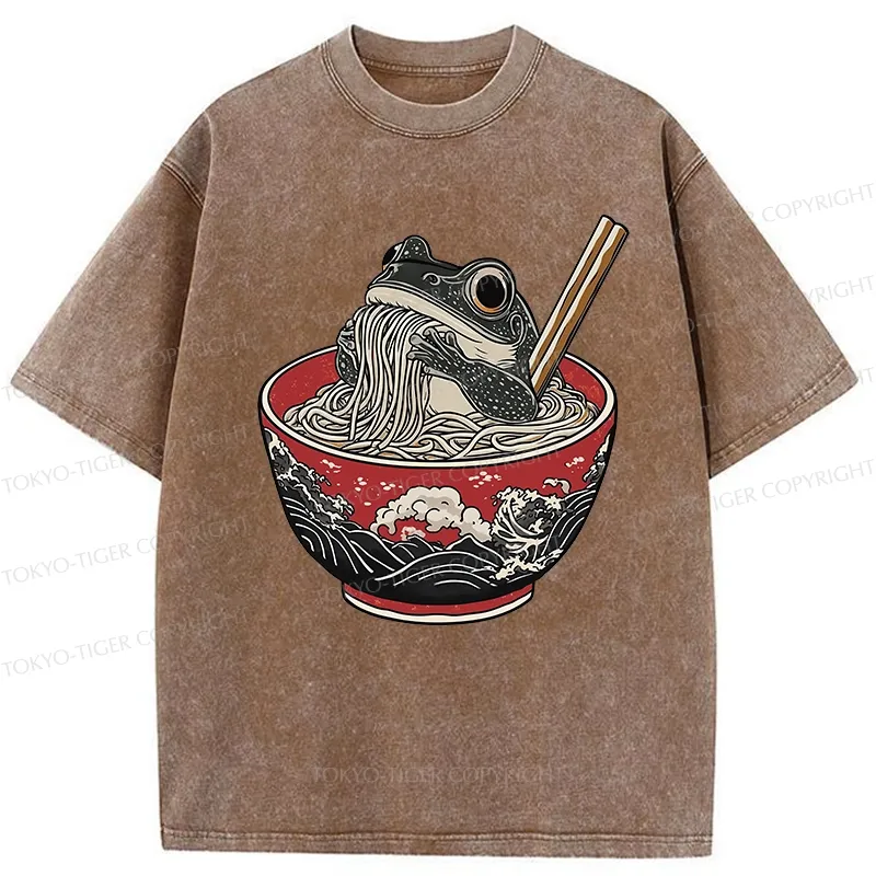 Tokyo-Tiger Funny Frog Eating Ramen In A Bowl Washed T-Shirt