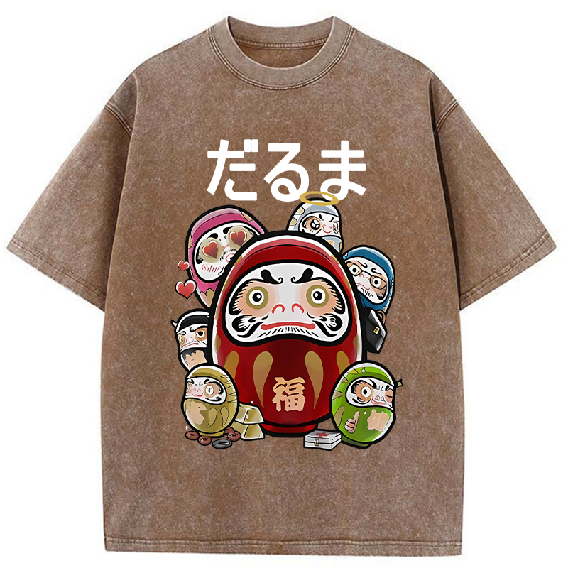 Tokyo-Tiger Colorful Daruma Dolls Washed T-Shirt