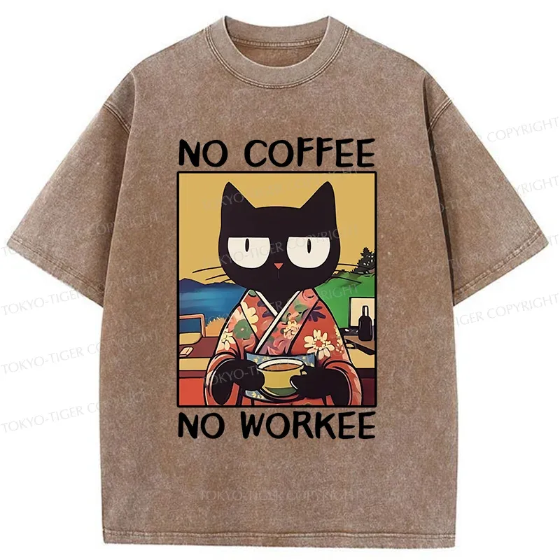 Tokyo-Tiger Cat Drinking Coffee Washed T-Shirt
