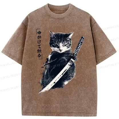 Tokyo-Tiger Retro Samurai Cat Japanese Washed T-Shirt
