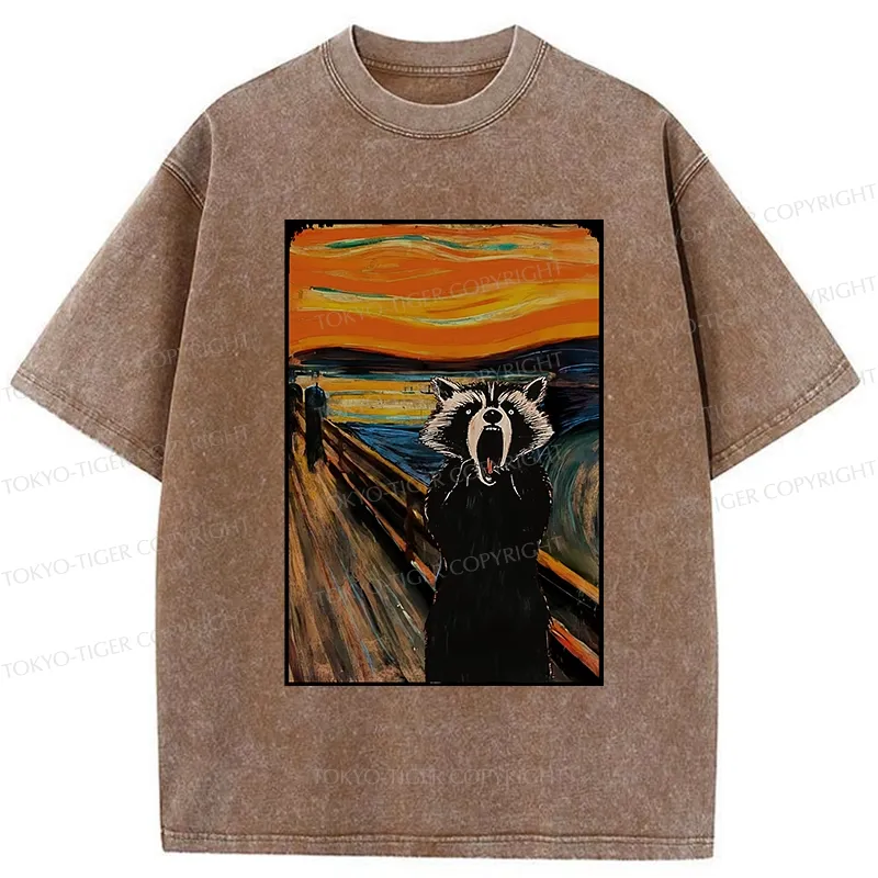 Tokyo-Tiger Funny Screaming Raccoon Washed T-Shirt