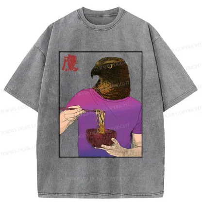 Tokyo-Tiger Eagle Eating Ramen Washed T-Shirt