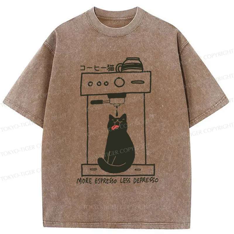 Tokyo-Tiger Cat Drinking Coffee Washed T-Shirt