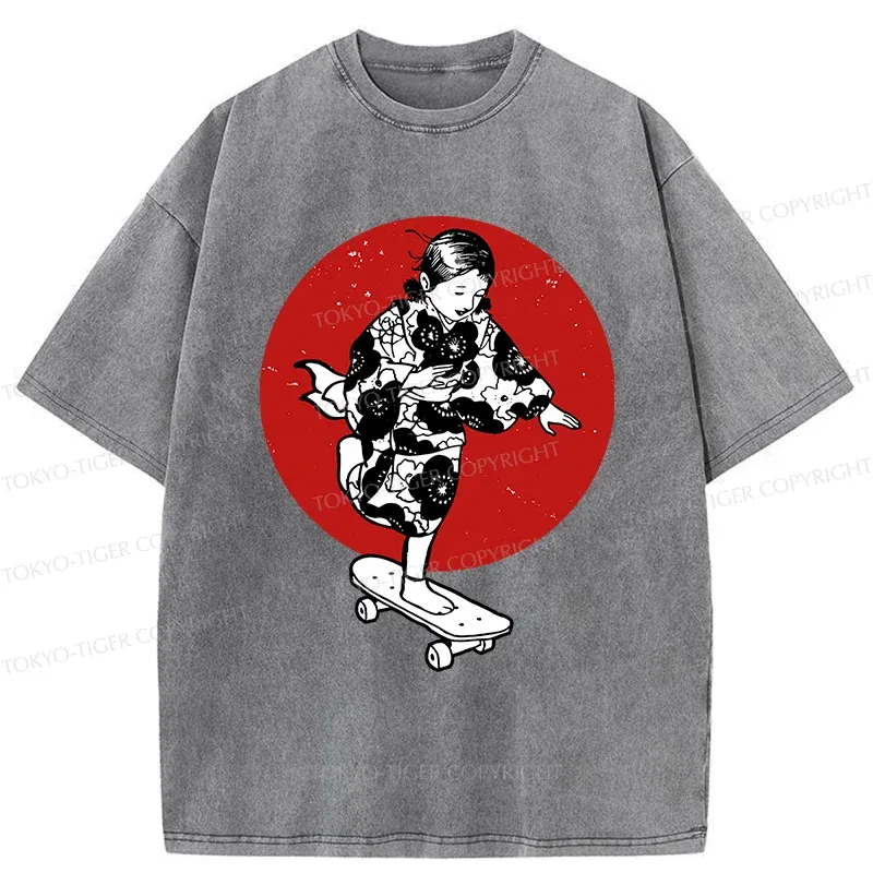 Tokyo-Tiger Kid On Skateboard Washed T-Shirt
