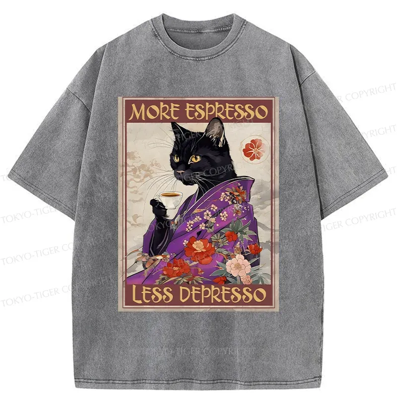 Tokyo-Tiger Japanese Cat Drinking Coffee Washed T-Shirt